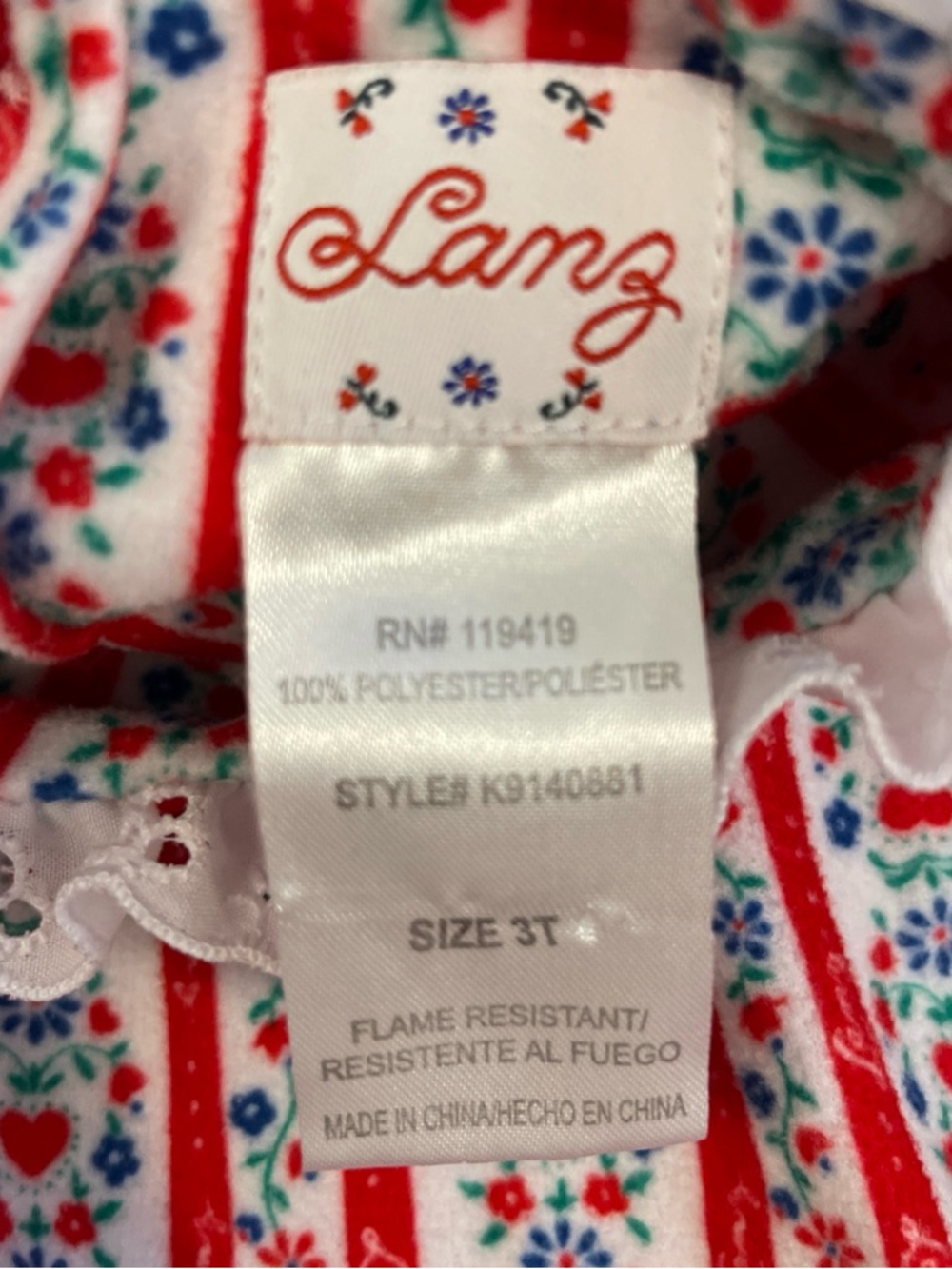 LANZ OF SALZBURG Girls' Red Striped Floral Nightgown with Eyelet Ruffle - Picture 3 of 3